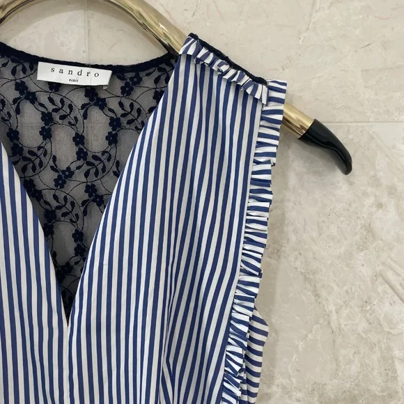 NWT SANDRO Dress Blue White Striped Cotton Lace Back "Gana" - Picture 7 of 13